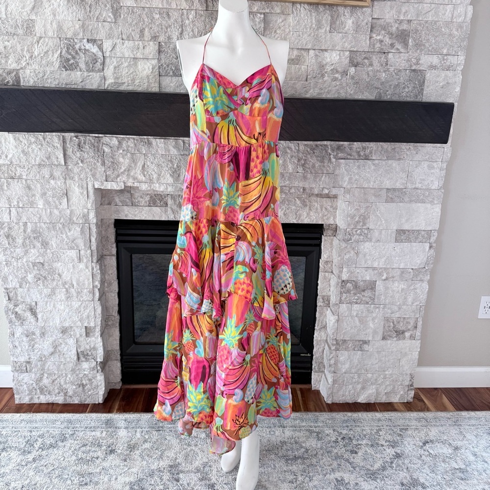 Farm Rio Tropical Fruit Tiered Midi Dress Beaded Straps Resort S - Picture 3 of 10